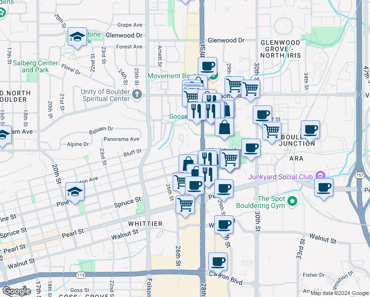 map of restaurants, bars, coffee shops, grocery stores, and more near 2711 Mapleton Avenue in Boulder