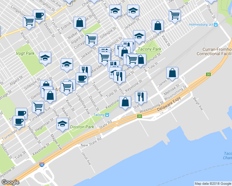 map of restaurants, bars, coffee shops, grocery stores, and more near 7043 Tulip Street in Philadelphia