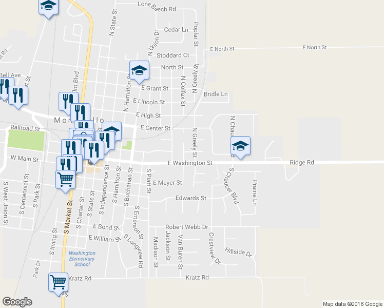 map of restaurants, bars, coffee shops, grocery stores, and more near 110 North Greely Street in Monticello