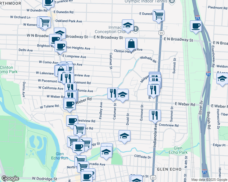 map of restaurants, bars, coffee shops, grocery stores, and more near 259 Walhalla Road in Columbus