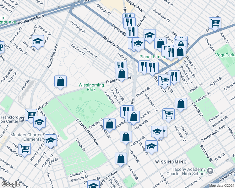 map of restaurants, bars, coffee shops, grocery stores, and more near 4034 Higbee Street in Philadelphia