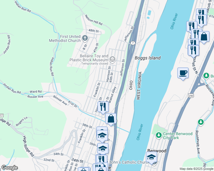 map of restaurants, bars, coffee shops, grocery stores, and more near 4365 Harrison Street in Bellaire