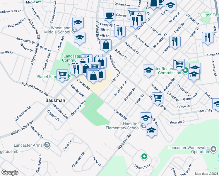 map of restaurants, bars, coffee shops, grocery stores, and more near 1222 High Street in Lancaster