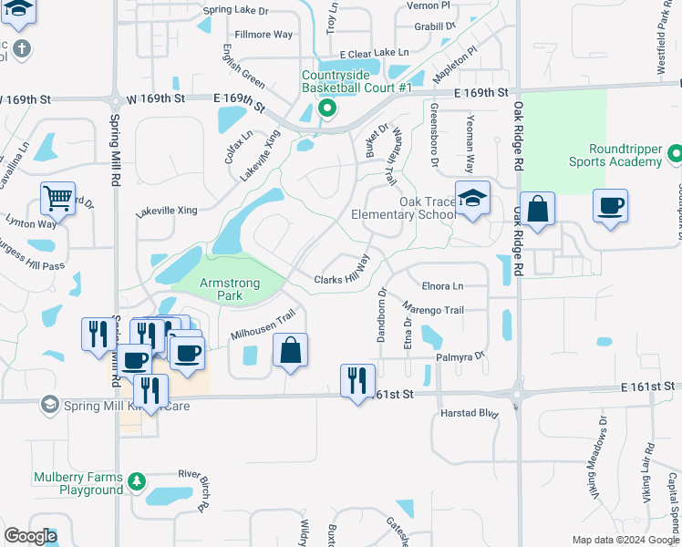 map of restaurants, bars, coffee shops, grocery stores, and more near 16418 Clarks Hill Way in Westfield