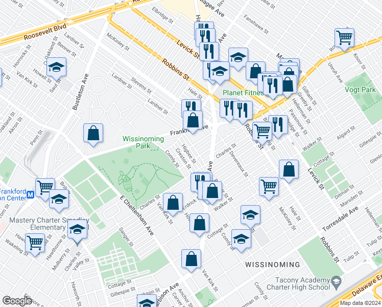 map of restaurants, bars, coffee shops, grocery stores, and more near 4047 Higbee Street in Philadelphia