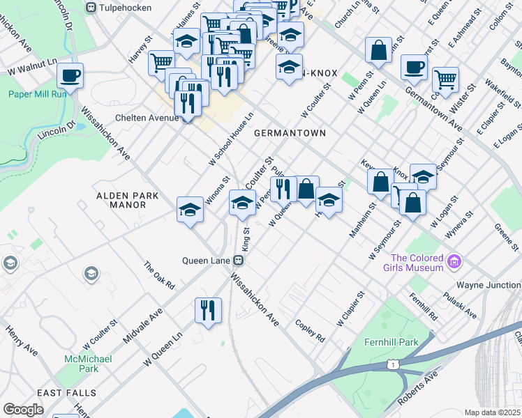 map of restaurants, bars, coffee shops, grocery stores, and more near 414 West Penn Street in Philadelphia