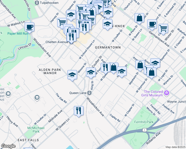 map of restaurants, bars, coffee shops, grocery stores, and more near 433 West Penn Street in Philadelphia
