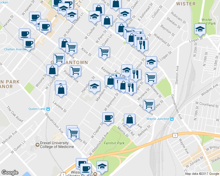 map of restaurants, bars, coffee shops, grocery stores, and more near 5047 Tacoma Street in Philadelphia