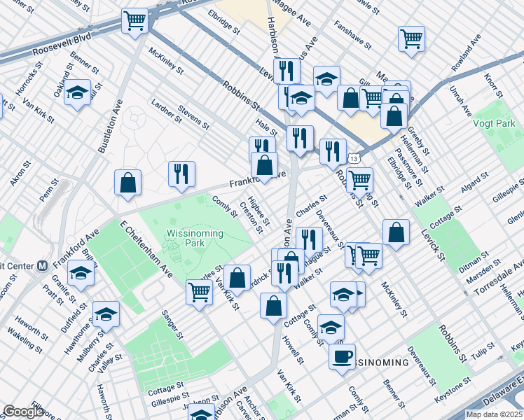 map of restaurants, bars, coffee shops, grocery stores, and more near 4047 Higbee Street in Philadelphia
