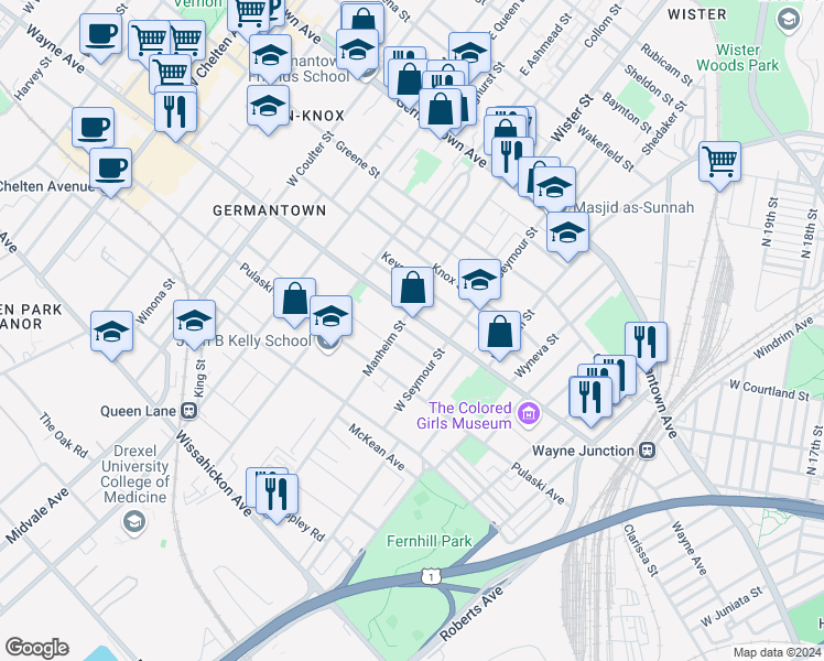 map of restaurants, bars, coffee shops, grocery stores, and more near 5047 Tacoma Street in Philadelphia