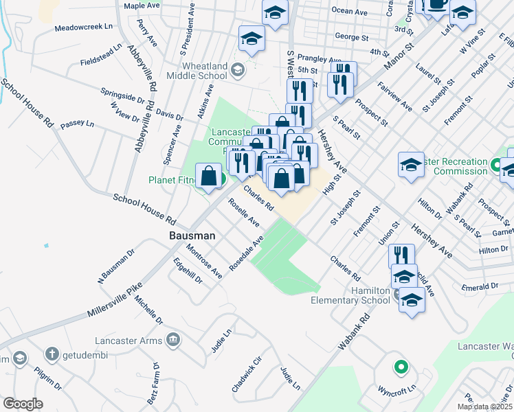 map of restaurants, bars, coffee shops, grocery stores, and more near 102 Charles Road in Lancaster
