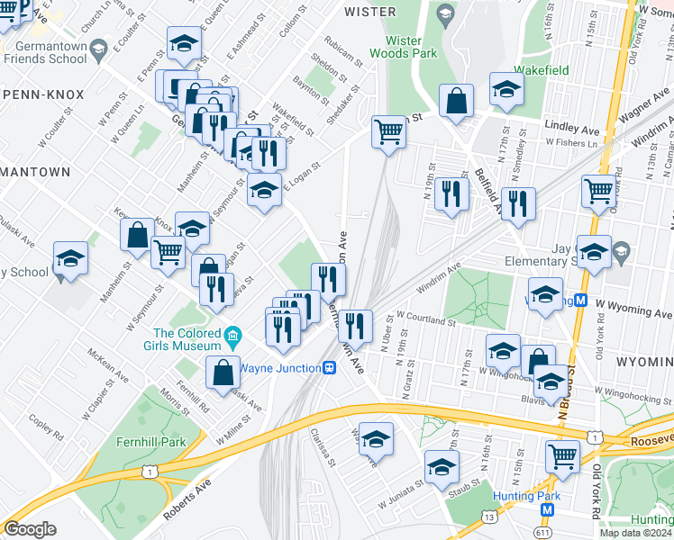 map of restaurants, bars, coffee shops, grocery stores, and more near 9 East Sylvania Street in Philadelphia