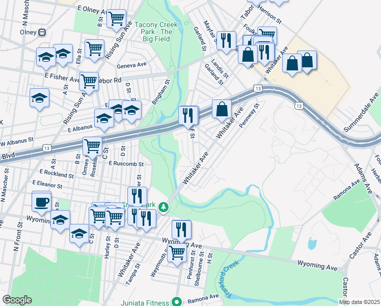map of restaurants, bars, coffee shops, grocery stores, and more near 5020 F Street in Philadelphia