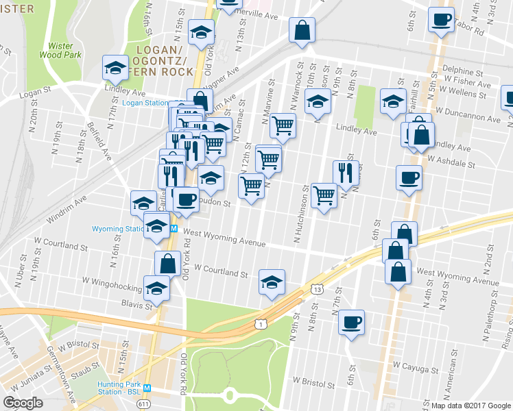 map of restaurants, bars, coffee shops, grocery stores, and more near 1115 West Loudon Street in Philadelphia