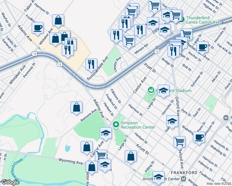 map of restaurants, bars, coffee shops, grocery stores, and more near 923R Fillmore Street in Philadelphia