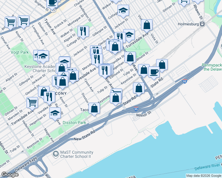 map of restaurants, bars, coffee shops, grocery stores, and more near 7052 Tulip Street in Philadelphia