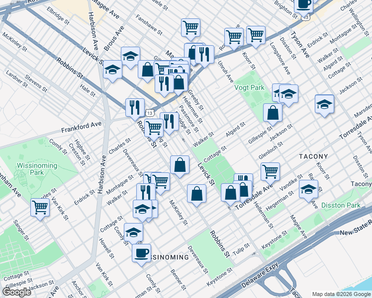 map of restaurants, bars, coffee shops, grocery stores, and more near 4241 Levick Street in Philadelphia