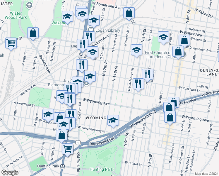 map of restaurants, bars, coffee shops, grocery stores, and more near 1115 West Loudon Street in Philadelphia