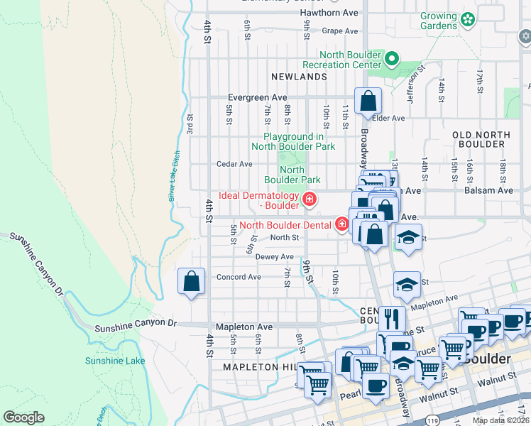 map of restaurants, bars, coffee shops, grocery stores, and more near 615 Alpine Drive in Boulder