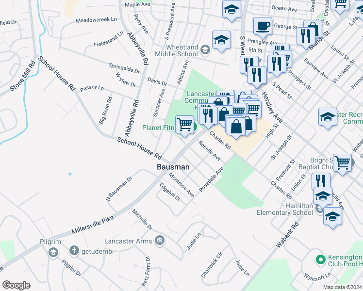 map of restaurants, bars, coffee shops, grocery stores, and more near 1415 Spencer Avenue in Lancaster