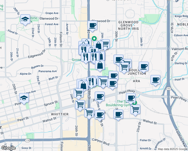 map of restaurants, bars, coffee shops, grocery stores, and more near in Boulder