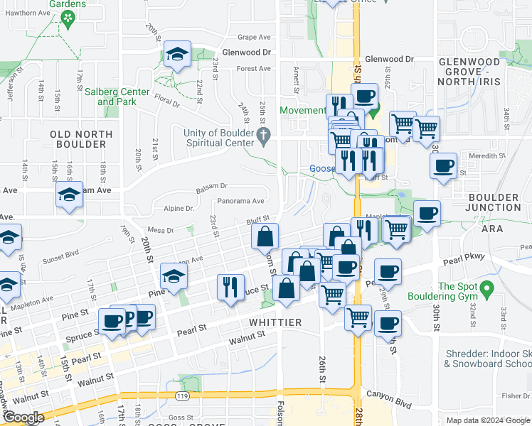 map of restaurants, bars, coffee shops, grocery stores, and more near 2528 Bluff Street in Boulder