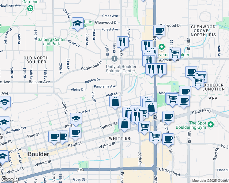 map of restaurants, bars, coffee shops, grocery stores, and more near 2528 Bluff Street in Boulder