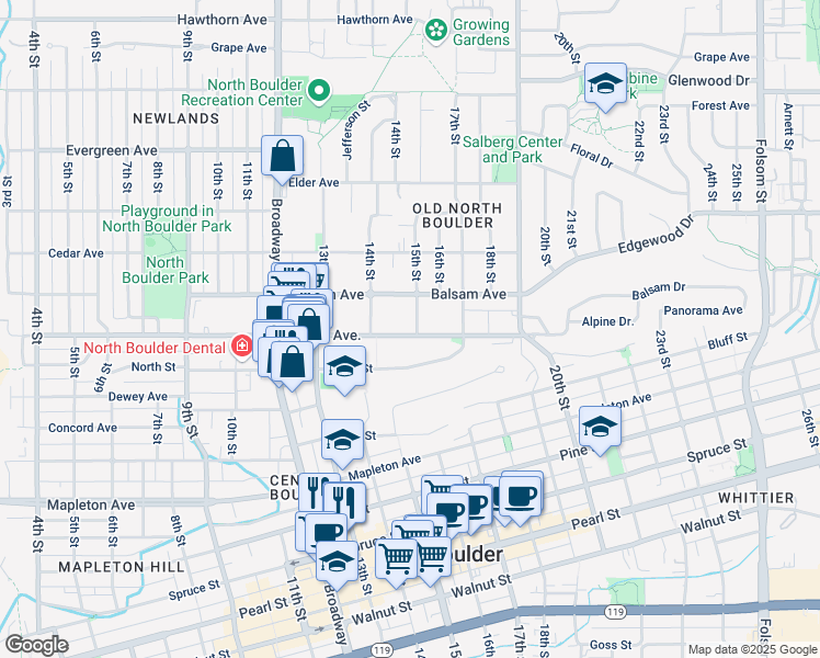 map of restaurants, bars, coffee shops, grocery stores, and more near 1455 Alpine Avenue in Boulder