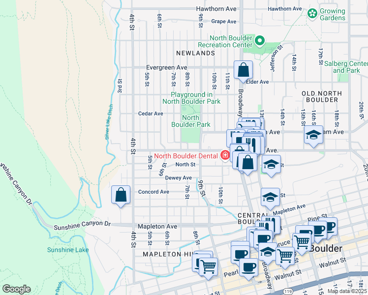 map of restaurants, bars, coffee shops, grocery stores, and more near 815 Alpine Drive in Boulder