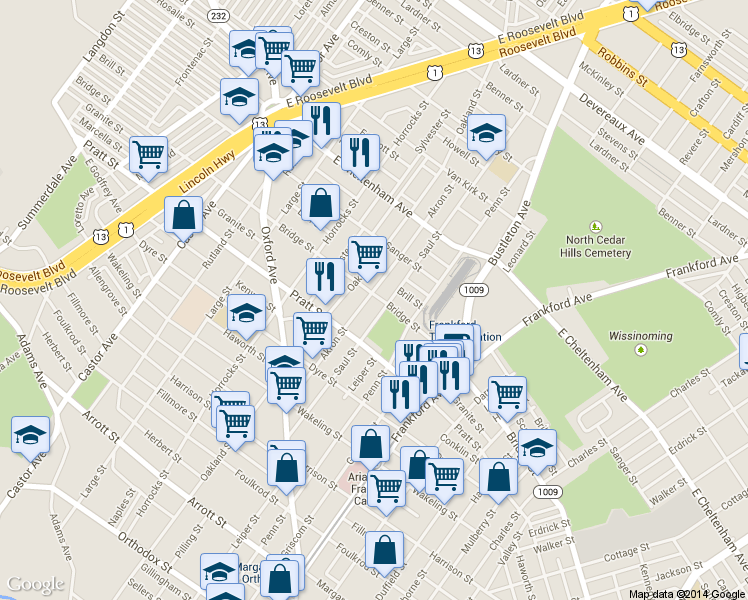 map of restaurants, bars, coffee shops, grocery stores, and more near 5260 Akron Street in Philadelphia