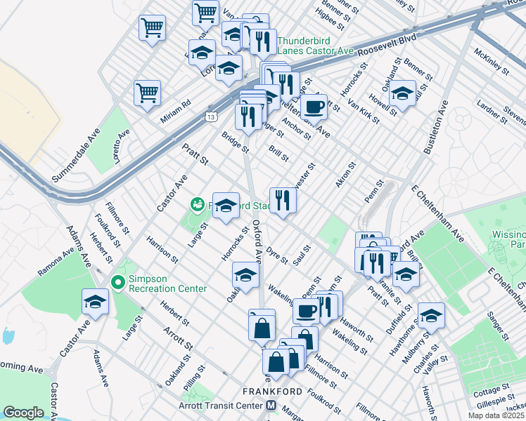 map of restaurants, bars, coffee shops, grocery stores, and more near 1201 Pratt Street in Philadelphia