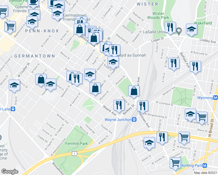 map of restaurants, bars, coffee shops, grocery stores, and more near 4808 Greene Street in Philadelphia