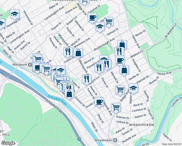 map of restaurants, bars, coffee shops, grocery stores, and more near 4114 Lauriston Street in Philadelphia