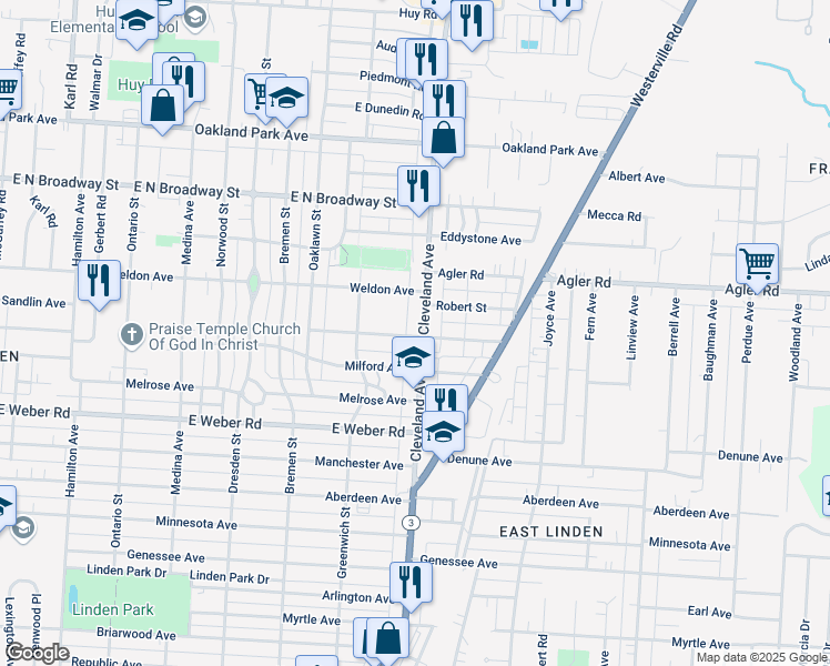 map of restaurants, bars, coffee shops, grocery stores, and more near 2867 Cleveland Avenue in Columbus