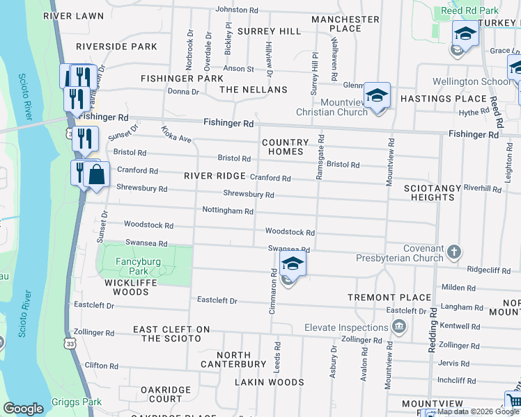 map of restaurants, bars, coffee shops, grocery stores, and more near 2451 Shrewsbury Road in Columbus