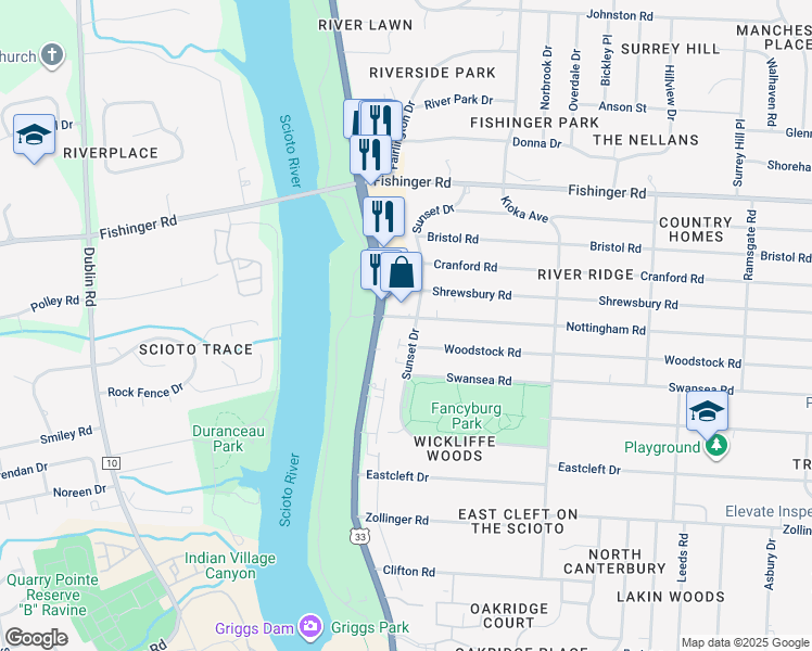 map of restaurants, bars, coffee shops, grocery stores, and more near 2800 Nottingham Road in Upper Arlington