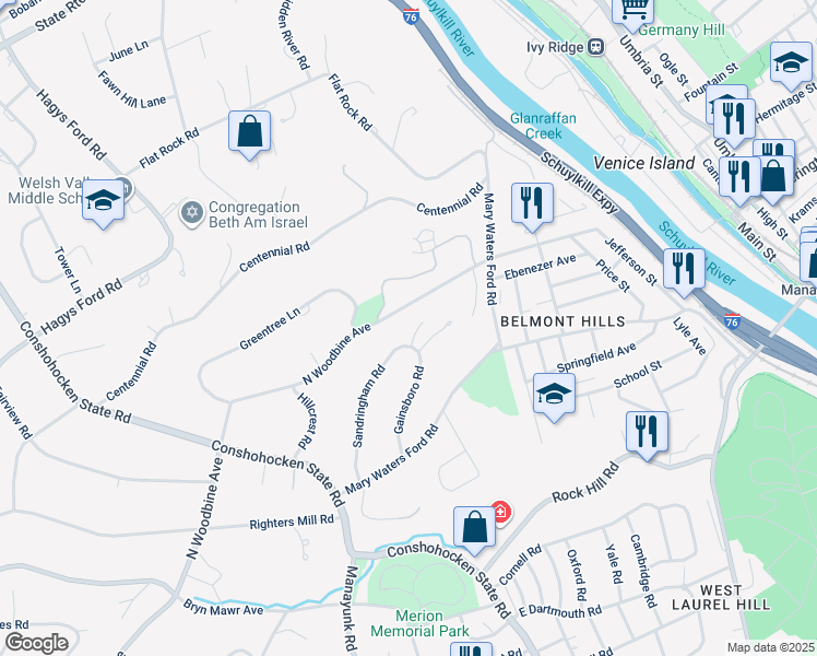 map of restaurants, bars, coffee shops, grocery stores, and more near 1302 Gainsboro Circle in Bala Cynwyd