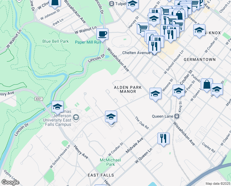 map of restaurants, bars, coffee shops, grocery stores, and more near 2991 West School House Lane in Philadelphia
