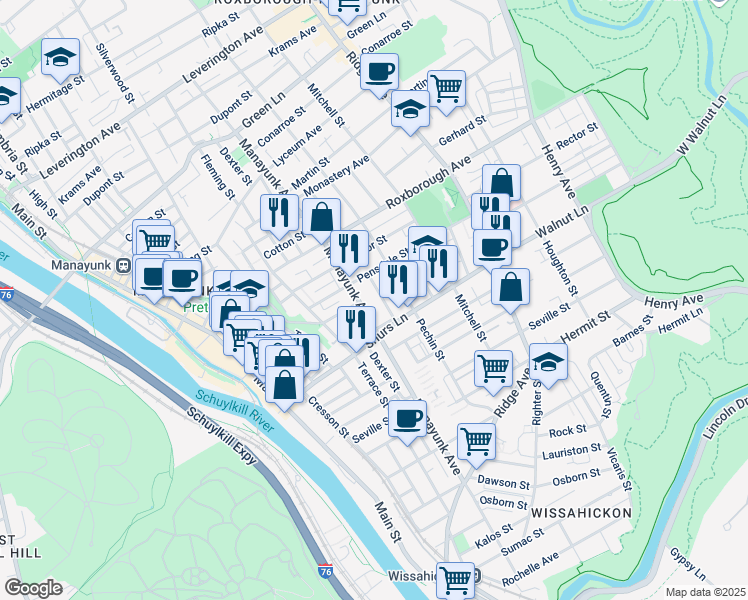 map of restaurants, bars, coffee shops, grocery stores, and more near 4114 Lauriston Street in Philadelphia