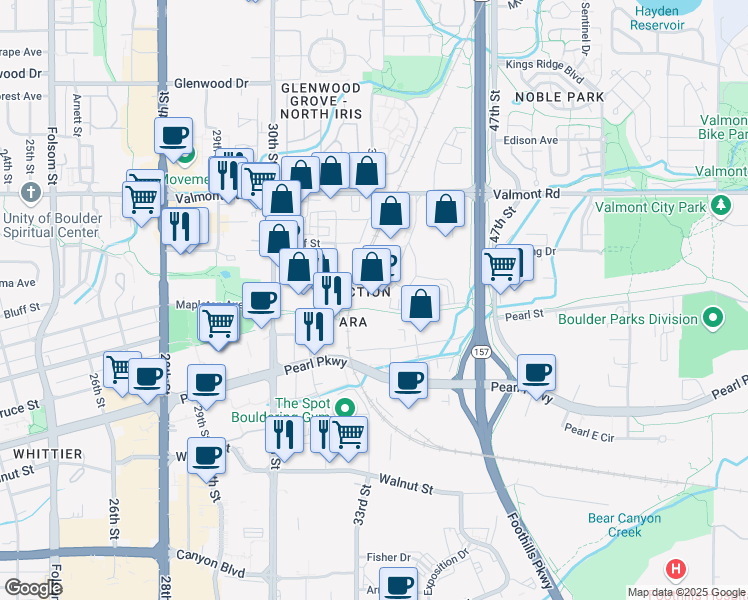 map of restaurants, bars, coffee shops, grocery stores, and more near 2825 Wilderness Pl in Boulder