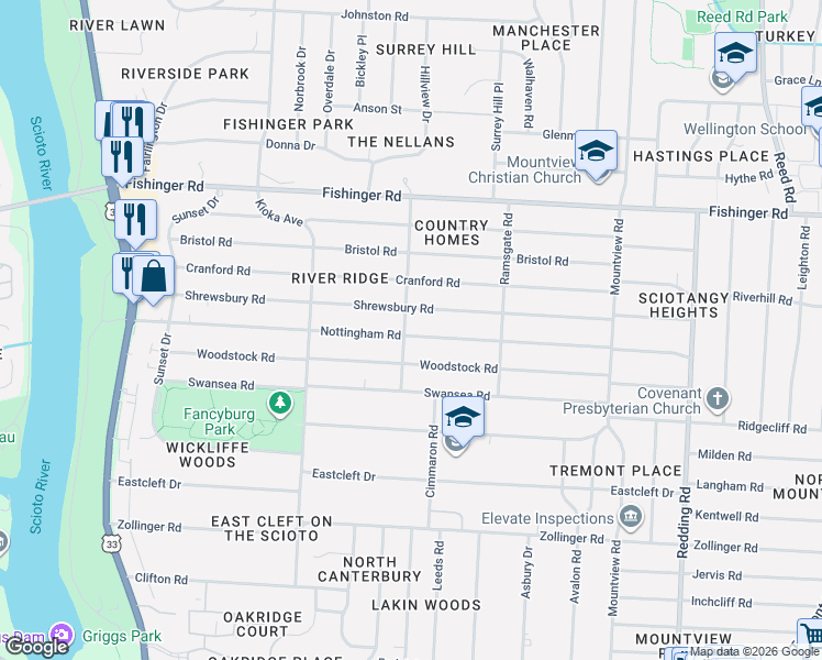 map of restaurants, bars, coffee shops, grocery stores, and more near 2451 Shrewsbury Road in Columbus