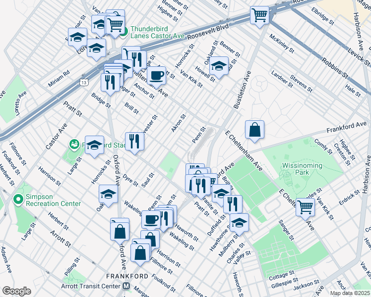 map of restaurants, bars, coffee shops, grocery stores, and more near 5326 Penn Street in Philadelphia