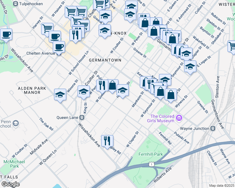 map of restaurants, bars, coffee shops, grocery stores, and more near 5204 Pulaski Avenue in Philadelphia
