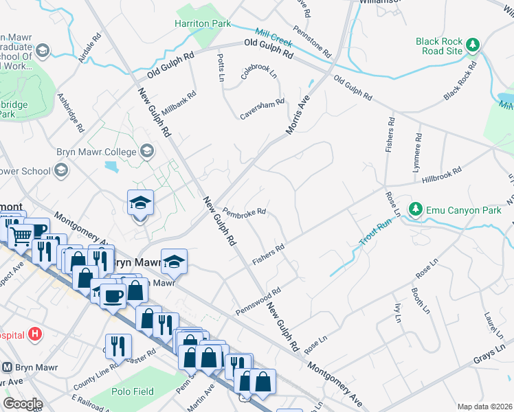 map of restaurants, bars, coffee shops, grocery stores, and more near 631 Winsford Road in Bryn Mawr