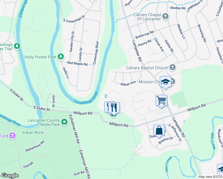 map of restaurants, bars, coffee shops, grocery stores, and more near 81 River Bend Park in Lancaster