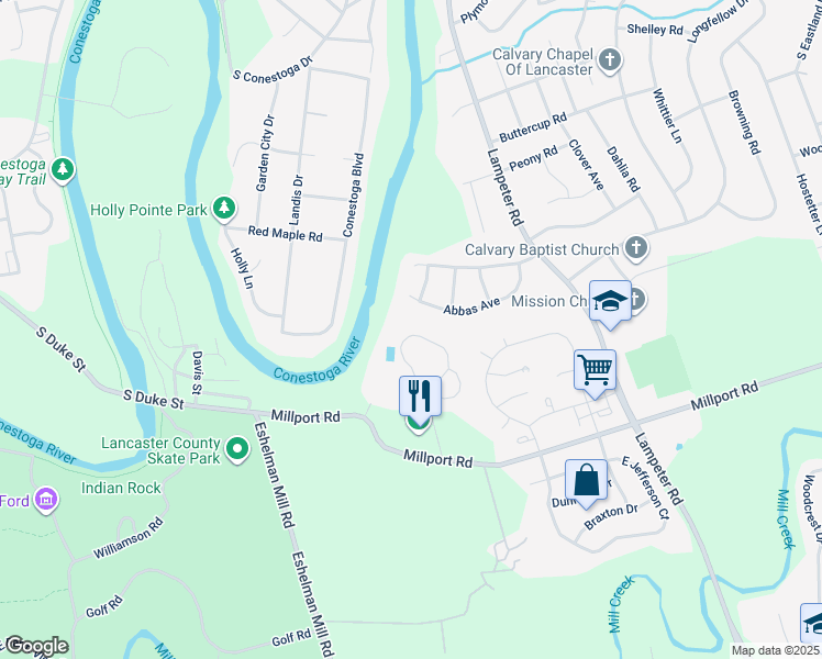 map of restaurants, bars, coffee shops, grocery stores, and more near 81 River Bend Park in Lancaster