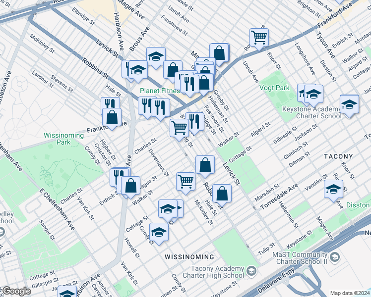 map of restaurants, bars, coffee shops, grocery stores, and more near 4201 Robbins Street in Philadelphia