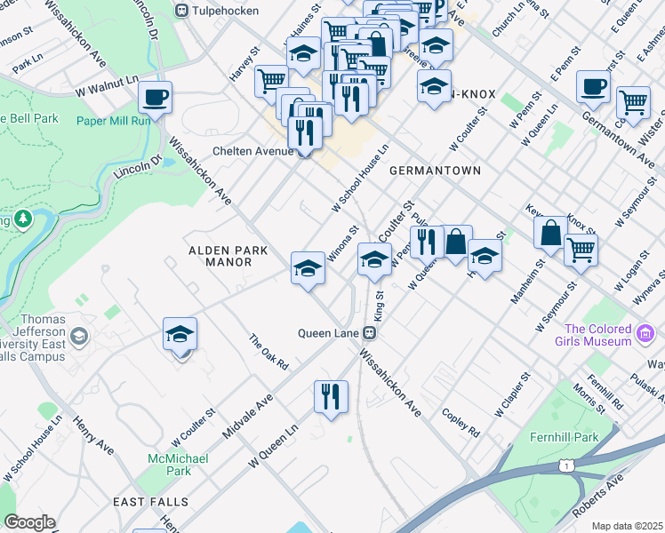 map of restaurants, bars, coffee shops, grocery stores, and more near 476 Winona Street in Philadelphia