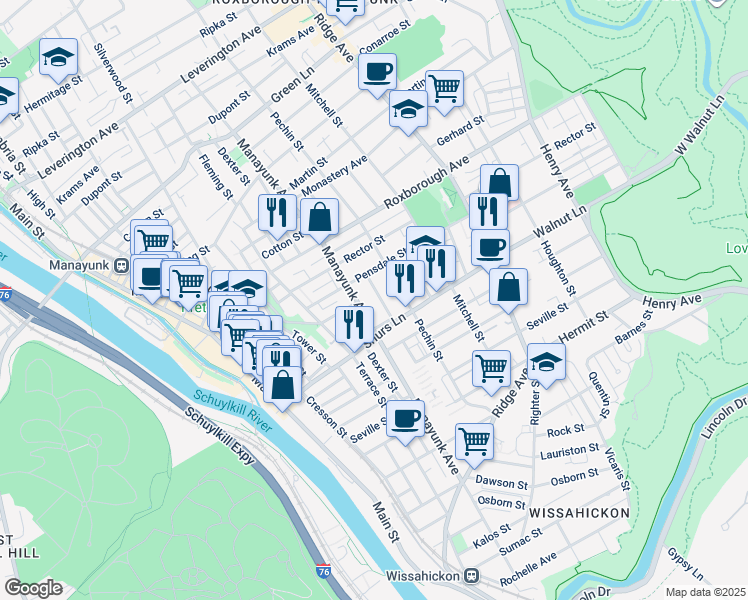 map of restaurants, bars, coffee shops, grocery stores, and more near 4114 Lauriston Street in Philadelphia