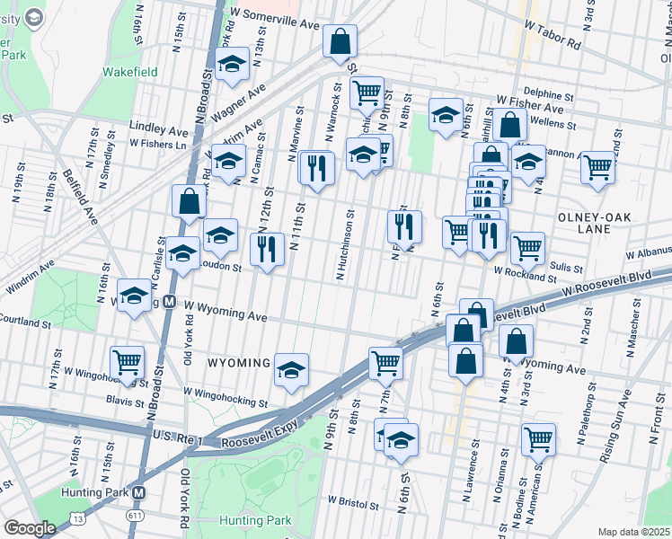 map of restaurants, bars, coffee shops, grocery stores, and more near 4822 North Hutchinson Street in Philadelphia
